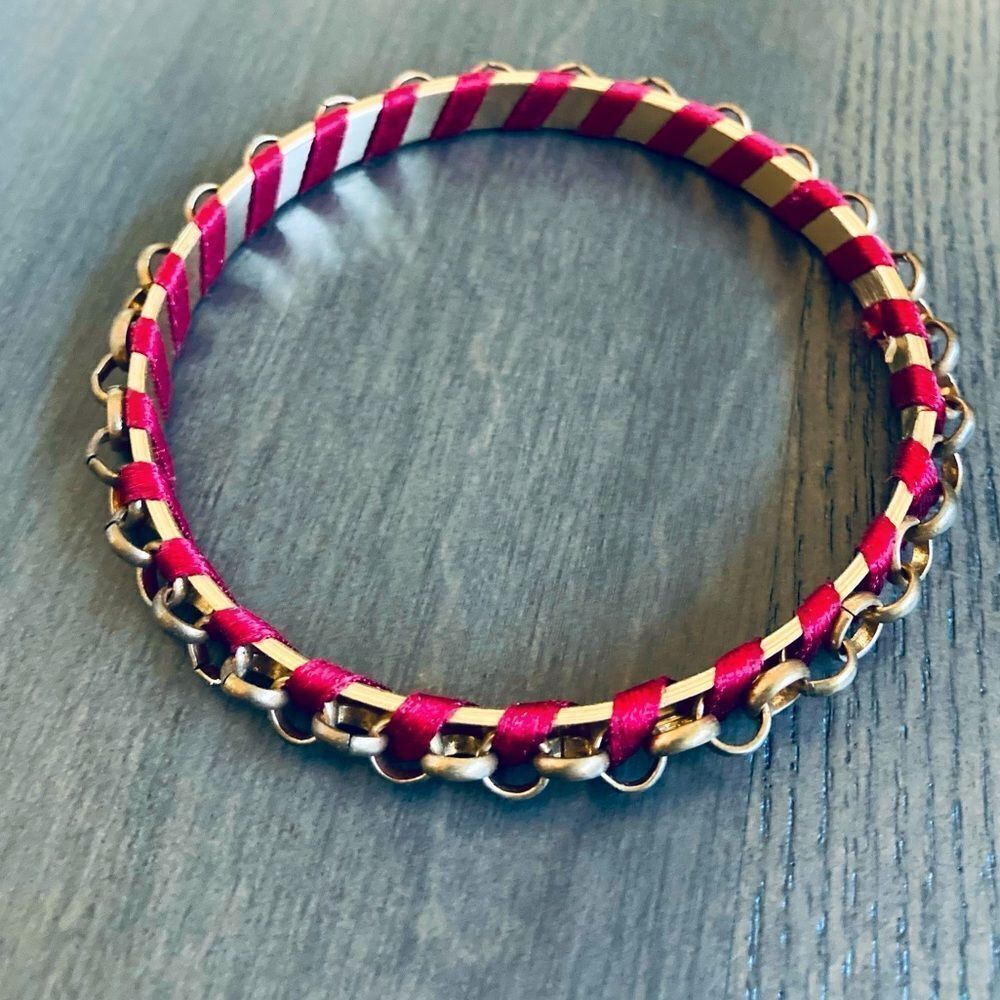 Maroon Ribbon Gold Chain Bangle Bracelet